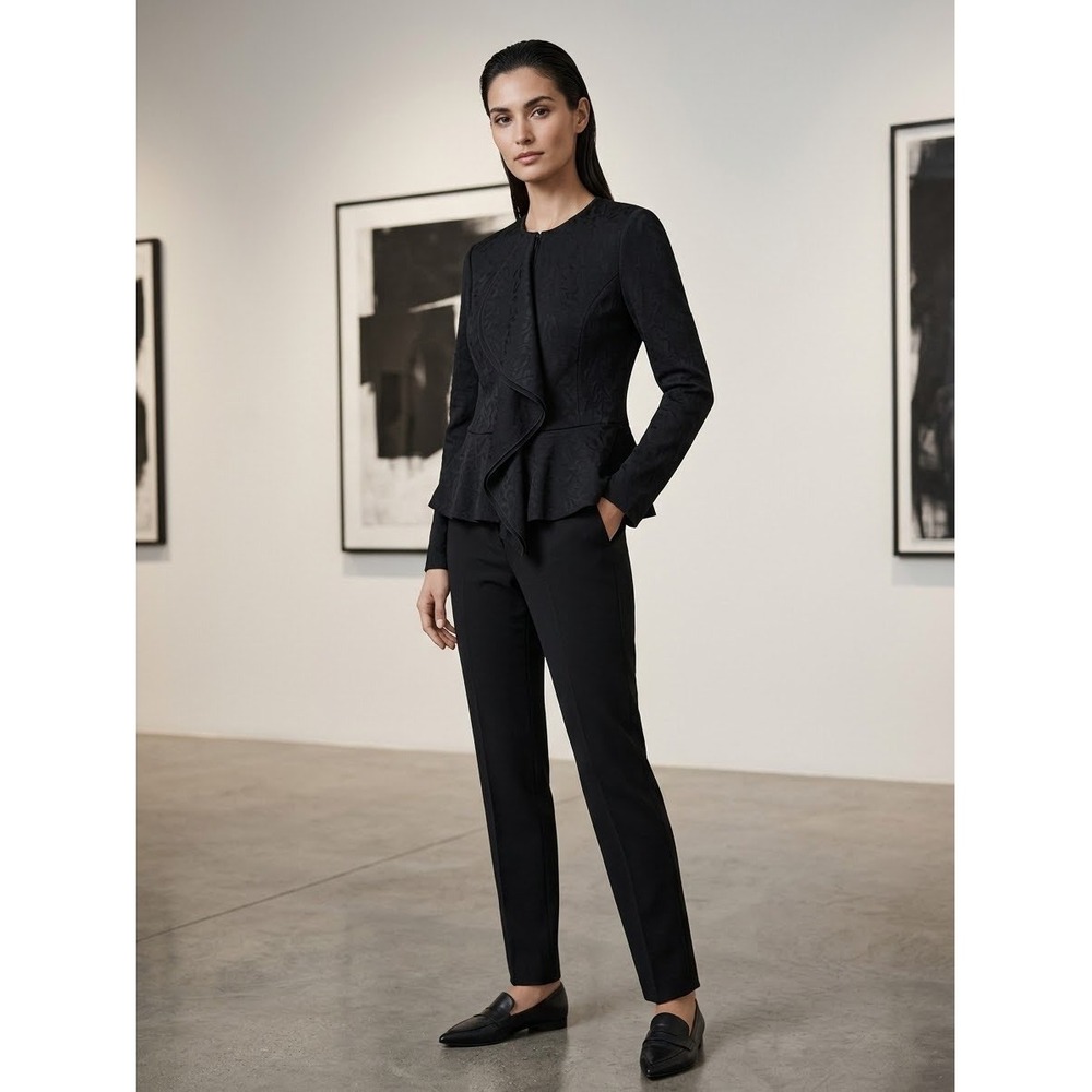 St John Collection Black Jacquard Peplum Ruffle Zip Front Jacket Size 8
